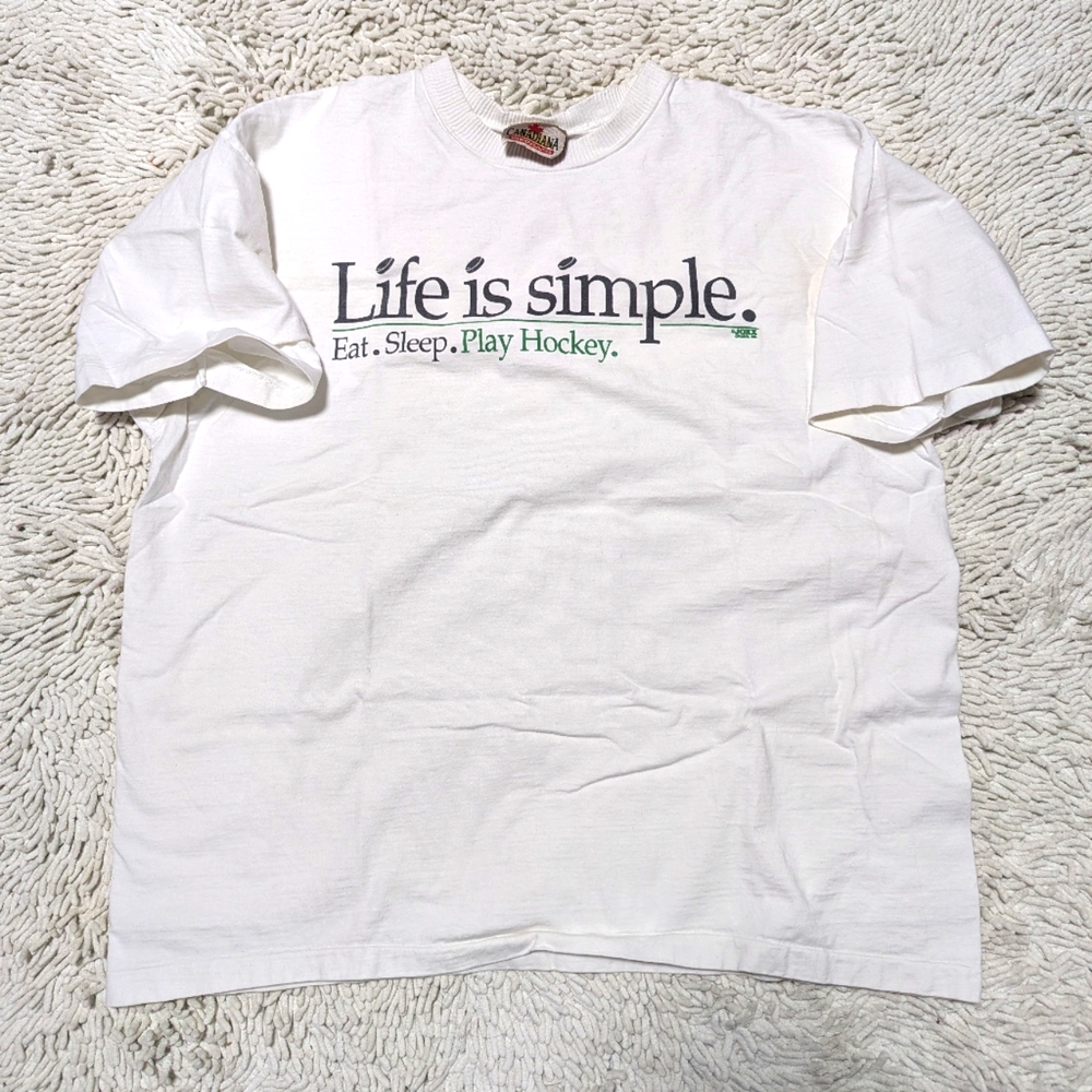Canadiana "Life Is Simple. Eat Sleep. Play Hockey" White T-shirt- Size Large